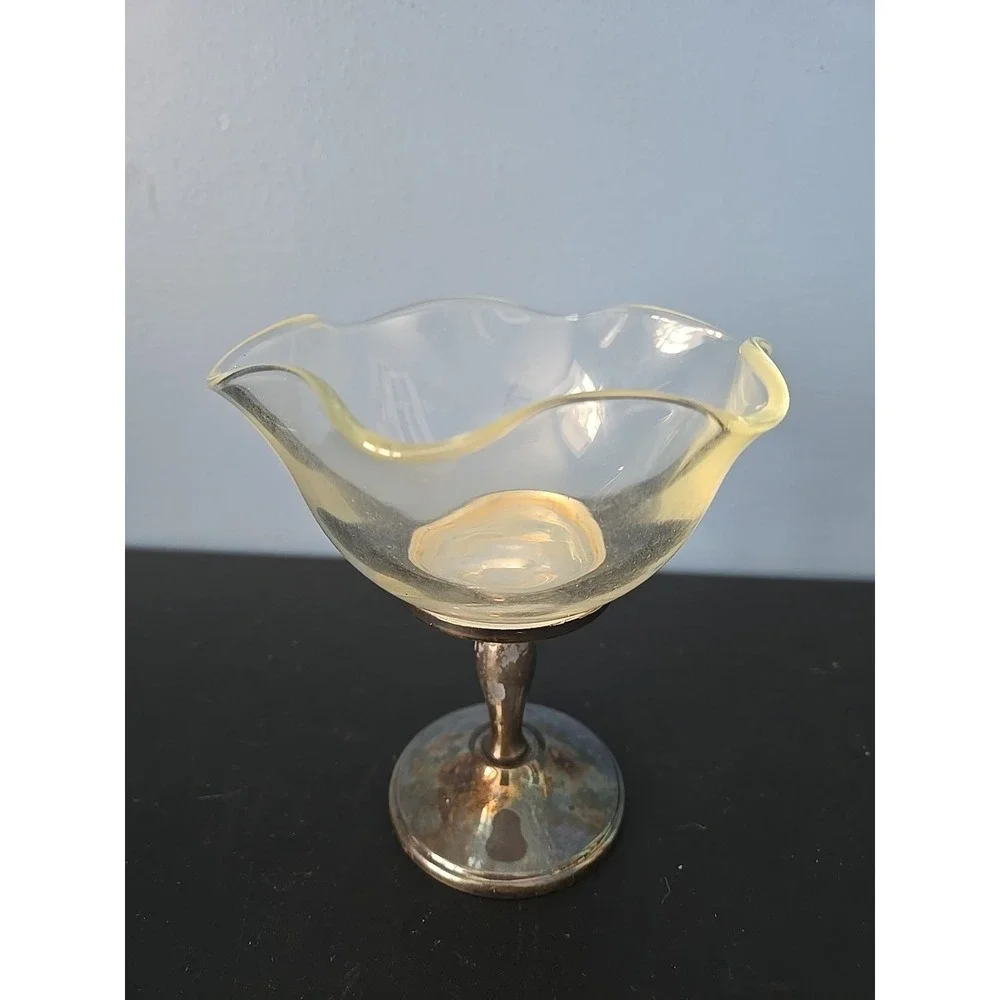 W&S Blackinton Silverplate Brass Compote Dish Crystal Ruffled Bowl Pedestal Cup